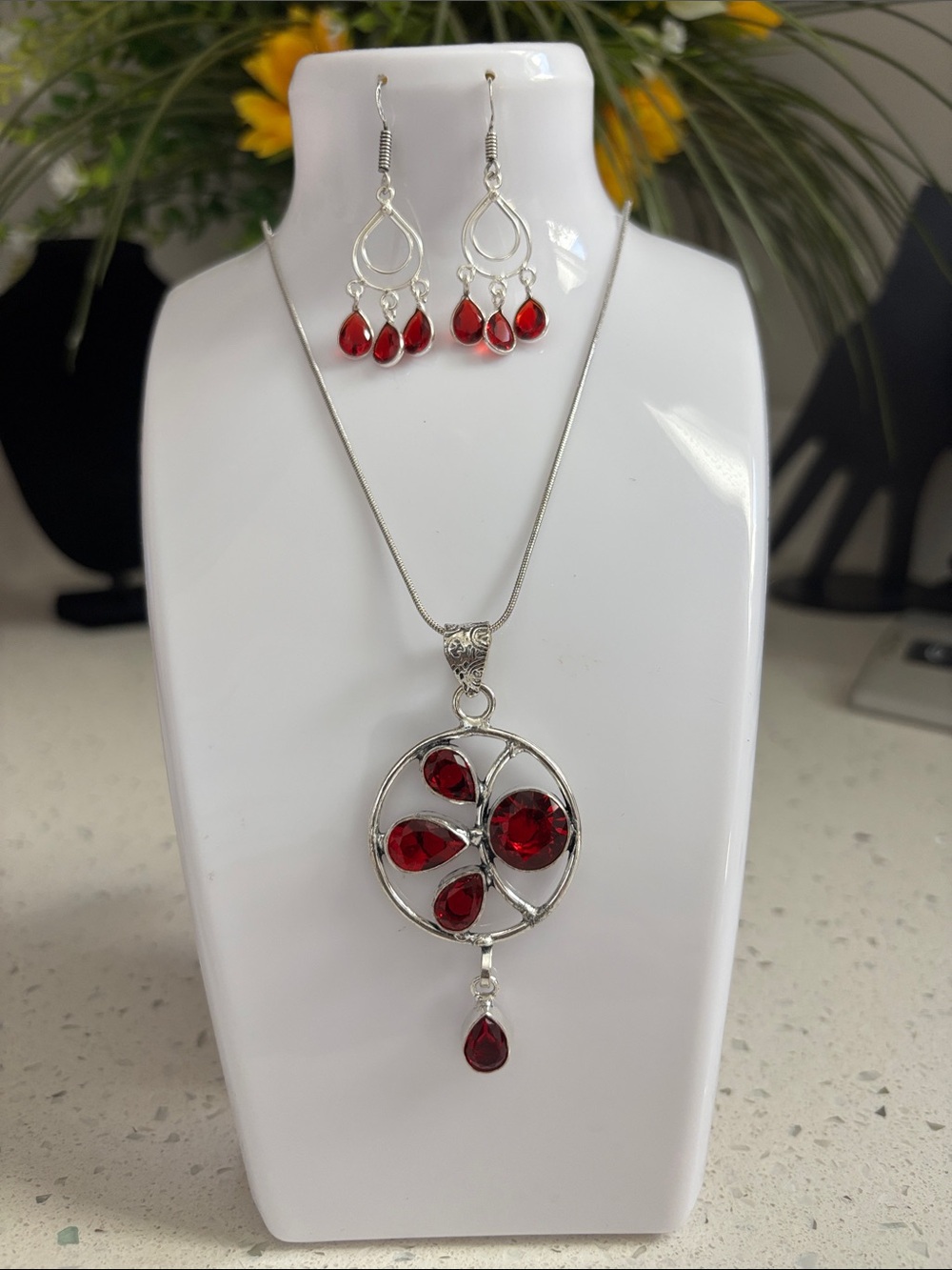 Garnet Gemstone Ethnic Handmade Pendant Necklace & Earrings